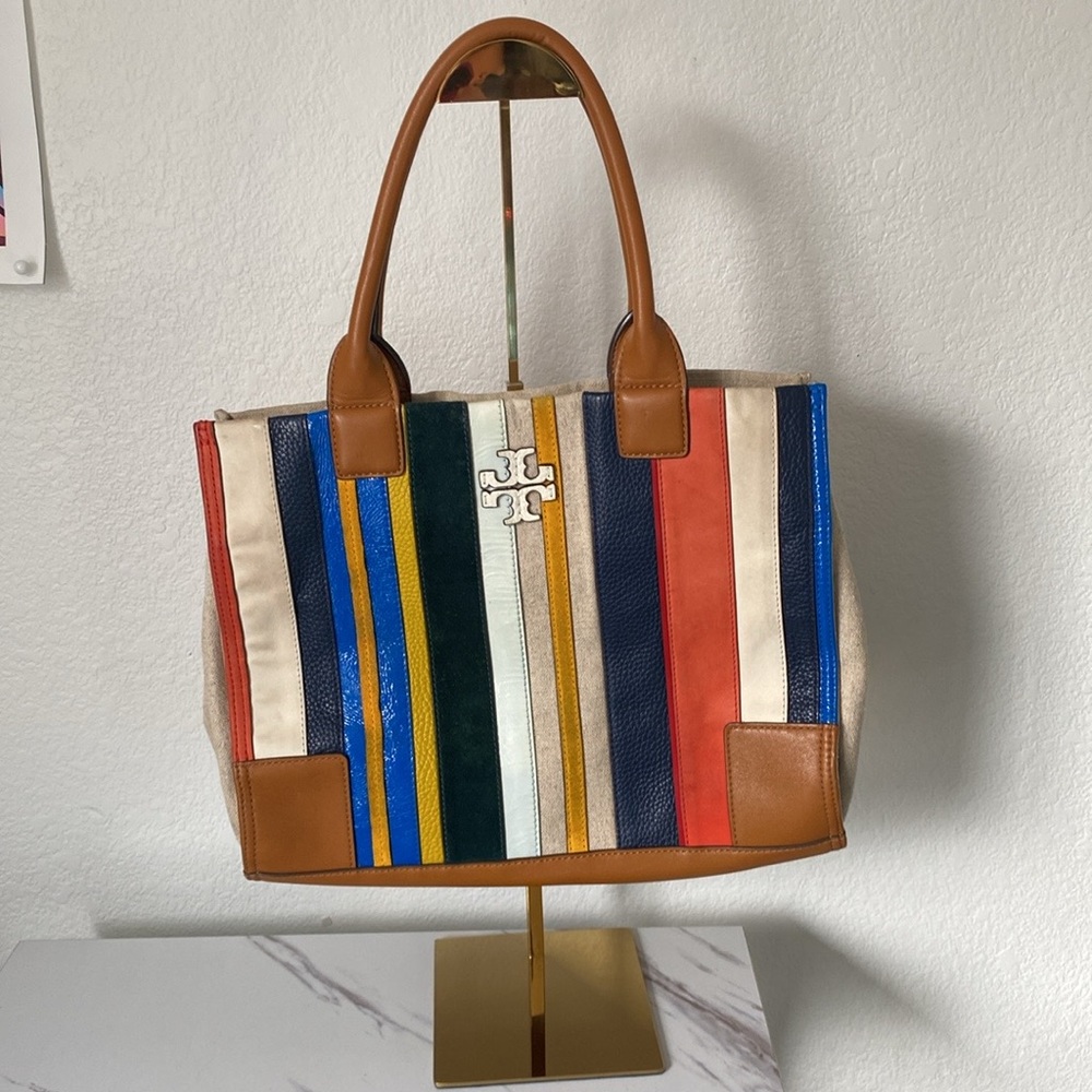 Tory Burch Ella Mini Canvas & Leather Tote multicolor Balloon Stripe